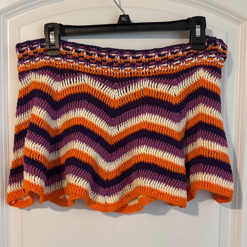 Orange and White Ribbed Skater Mini Skirt